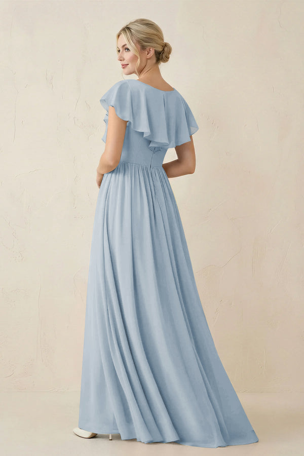 Cap Sleeve A-Line Ruffled Chiffon Bridesmaid Dress in Dusty Blue - KissProm BRIDESMAID DRESSES