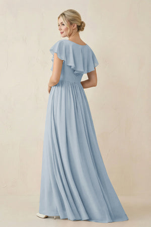 Cap Sleeve A-Line Ruffled Chiffon Bridesmaid Dress in Dusty Blue - KissProm BRIDESMAID DRESSES