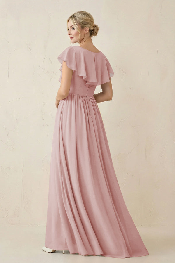 Cap Sleeve A-Line Ruffled Chiffon Bridesmaid Dress in Dusty Rose - KissProm BRIDESMAID DRESSES