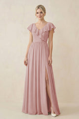 Cap Sleeve A-Line Ruffled Chiffon Bridesmaid Dress in Dusty Rose - KissProm BRIDESMAID DRESSES