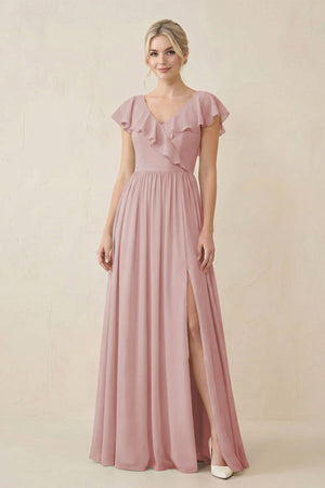 Cap Sleeve A-Line Ruffled Chiffon Bridesmaid Dress in Dusty Rose - KissProm BRIDESMAID DRESSES