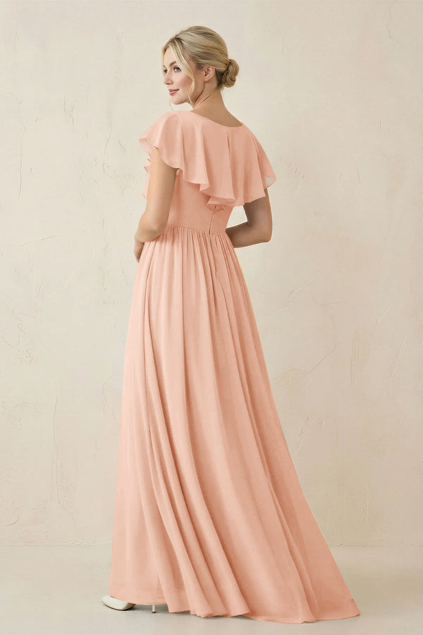 Cap Sleeve A-Line Ruffled Chiffon Bridesmaid Dress in English Rose - KissProm BRIDESMAID DRESSES
