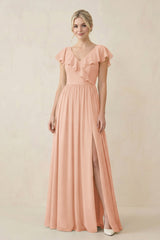 Cap Sleeve A-Line Ruffled Chiffon Bridesmaid Dress in English Rose - KissProm BRIDESMAID DRESSES