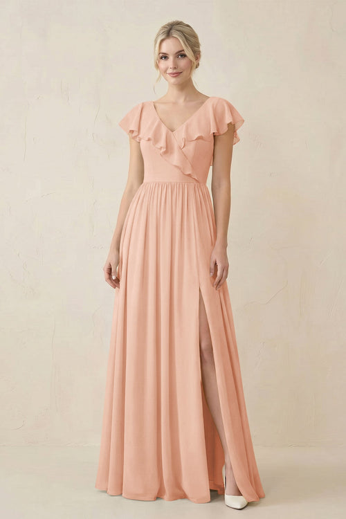 Cap Sleeve A-Line Ruffled Chiffon Bridesmaid Dress in English Rose - KissProm BRIDESMAID DRESSES