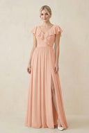 Cap Sleeve A-Line Ruffled Chiffon Bridesmaid Dress in English Rose - KissProm BRIDESMAID DRESSES