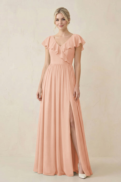 Cap Sleeve A-Line Ruffled Chiffon Bridesmaid Dress in English Rose - KissProm BRIDESMAID DRESSES