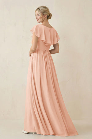 Cap Sleeve A-Line Ruffled Chiffon Bridesmaid Dress in English Rose - KissProm BRIDESMAID DRESSES