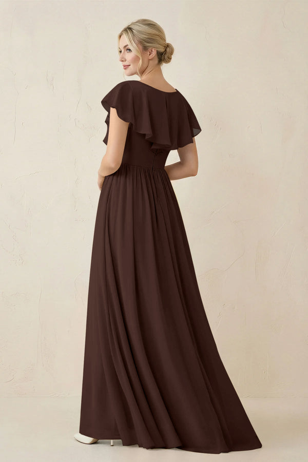 Cap Sleeve A-Line Ruffled Chiffon Bridesmaid Dress in Espresso - KissProm BRIDESMAID DRESSES