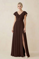 Cap Sleeve A-Line Ruffled Chiffon Bridesmaid Dress in Espresso - KissProm BRIDESMAID DRESSES