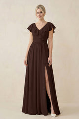 Cap Sleeve A-Line Ruffled Chiffon Bridesmaid Dress in Espresso - KissProm BRIDESMAID DRESSES