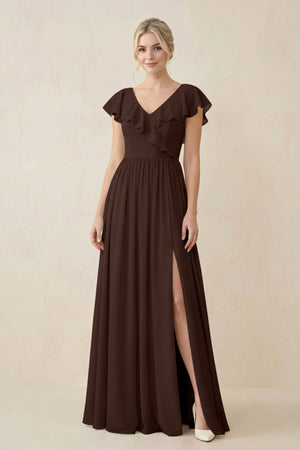 Cap Sleeve A-Line Ruffled Chiffon Bridesmaid Dress in Espresso - KissProm BRIDESMAID DRESSES