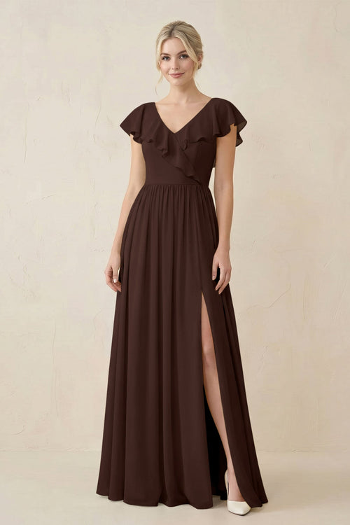 Cap Sleeve A-Line Ruffled Chiffon Bridesmaid Dress in Espresso - KissProm BRIDESMAID DRESSES