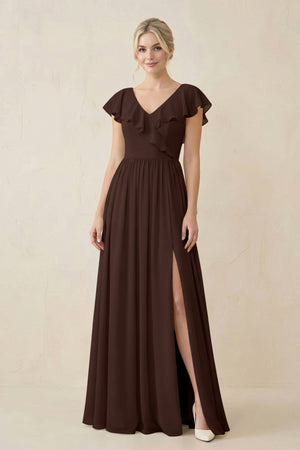 Cap Sleeve A-Line Ruffled Chiffon Bridesmaid Dress in Espresso - KissProm BRIDESMAID DRESSES