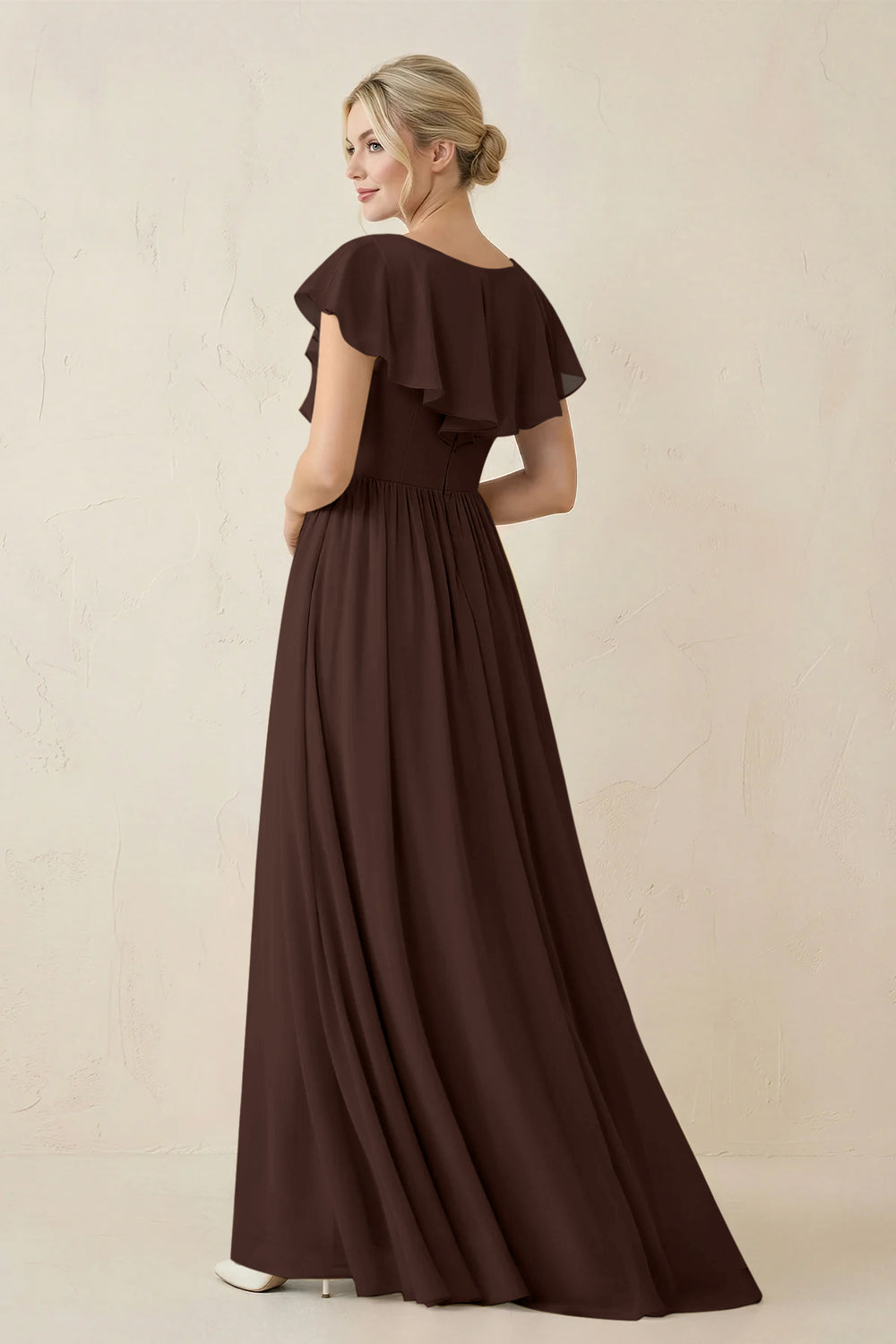 Cap Sleeve A-Line Ruffled Chiffon Bridesmaid Dress in Espresso - KissProm BRIDESMAID DRESSES