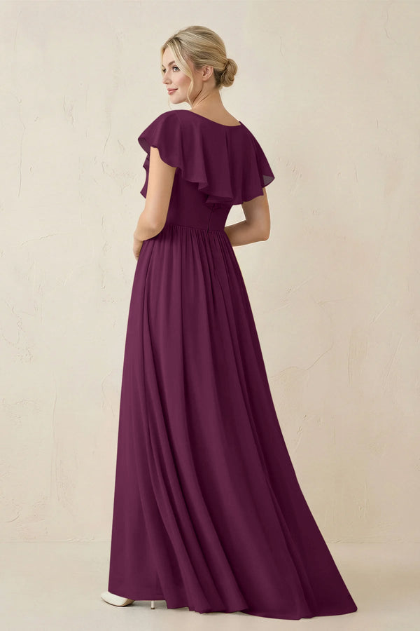 Cap Sleeve A-Line Ruffled Chiffon Bridesmaid Dress in Fig - KissProm BRIDESMAID DRESSES