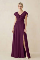 Cap Sleeve A-Line Ruffled Chiffon Bridesmaid Dress in Fig - KissProm BRIDESMAID DRESSES