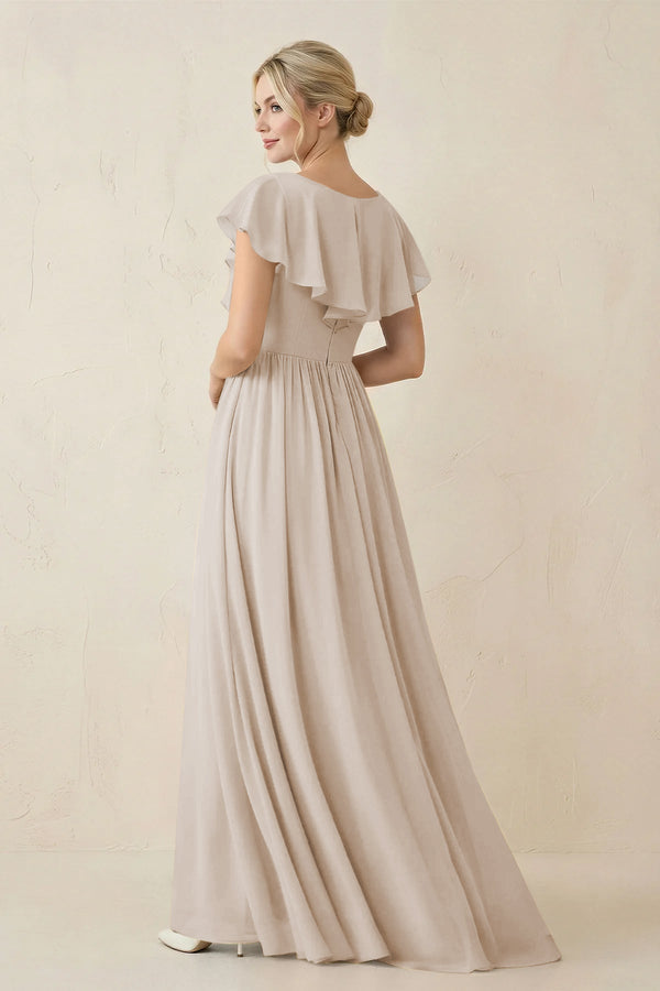 Cap Sleeve A-Line Ruffled Chiffon Bridesmaid Dress in Frost - KissProm BRIDESMAID DRESSES