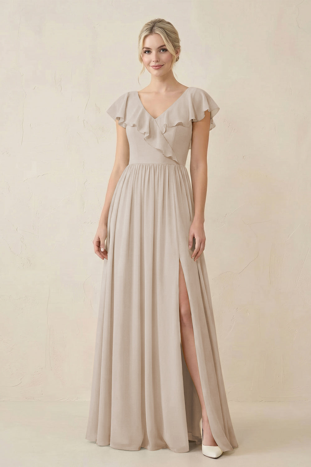 Cap Sleeve A-Line Ruffled Chiffon Bridesmaid Dress in Frost - KissProm BRIDESMAID DRESSES