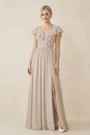 Cap Sleeve A-Line Ruffled Chiffon Bridesmaid Dress in Frost - KissProm BRIDESMAID DRESSES