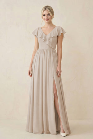 Cap Sleeve A-Line Ruffled Chiffon Bridesmaid Dress in Frost - KissProm BRIDESMAID DRESSES