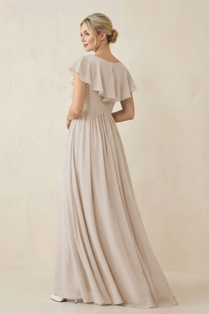 Cap Sleeve A-Line Ruffled Chiffon Bridesmaid Dress in Frost - KissProm BRIDESMAID DRESSES