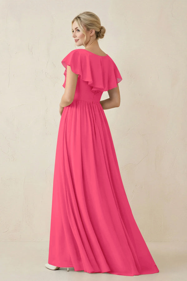 Cap Sleeve A-Line Ruffled Chiffon Bridesmaid Dress in Fuchsia - KissProm BRIDESMAID DRESSES