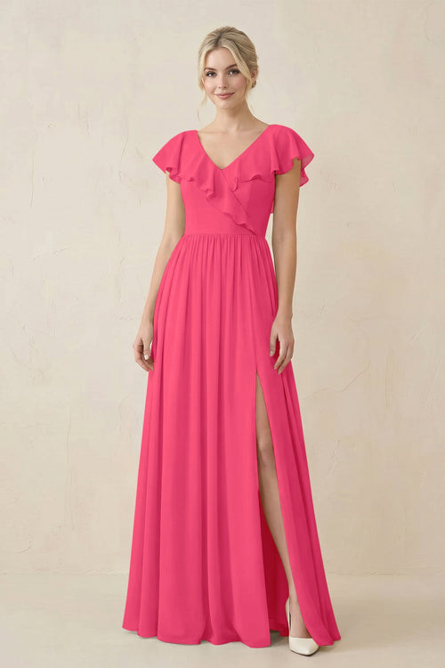 Cap Sleeve A-Line Ruffled Chiffon Bridesmaid Dress in Fuchsia - KissProm BRIDESMAID DRESSES