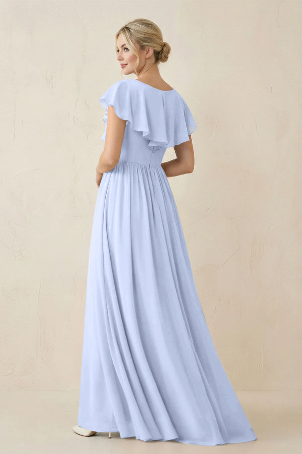 Cap Sleeve A-Line Ruffled Chiffon Bridesmaid Dress in Ice - KissProm BRIDESMAID DRESSES
