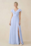 Cap Sleeve A-Line Ruffled Chiffon Bridesmaid Dress in Ice - KissProm BRIDESMAID DRESSES