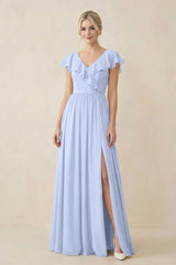 Cap Sleeve A-Line Ruffled Chiffon Bridesmaid Dress in Ice - KissProm BRIDESMAID DRESSES