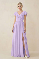 Cap Sleeve A-Line Ruffled Chiffon Bridesmaid Dress in Lavender - KissProm BRIDESMAID DRESSES