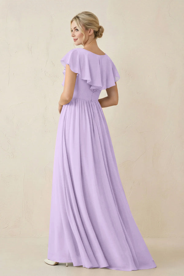 Cap Sleeve A-Line Ruffled Chiffon Bridesmaid Dress in Lavender - KissProm BRIDESMAID DRESSES