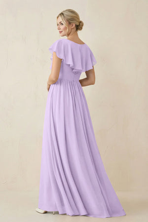 Cap Sleeve A-Line Ruffled Chiffon Bridesmaid Dress in Lavender - KissProm BRIDESMAID DRESSES