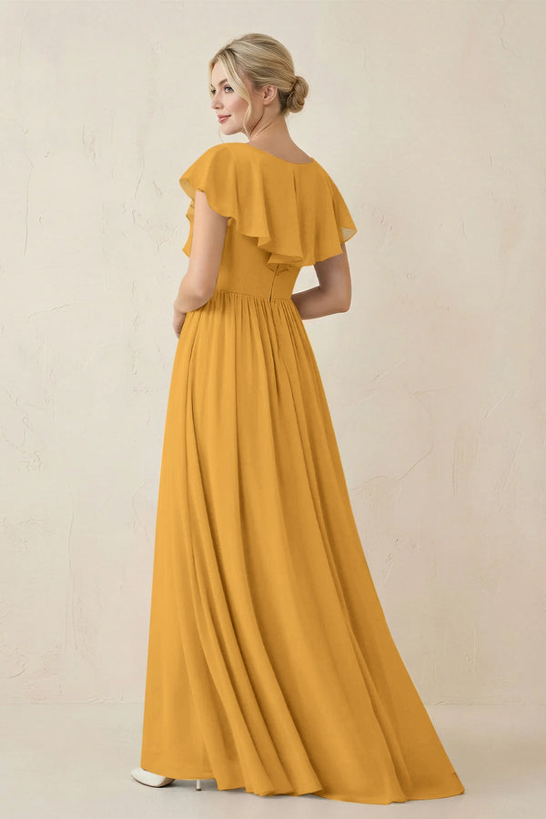 Cap Sleeve A-Line Ruffled Chiffon Bridesmaid Dress in Marigold - KissProm BRIDESMAID DRESSES