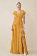 Cap Sleeve A-Line Ruffled Chiffon Bridesmaid Dress in Marigold - KissProm BRIDESMAID DRESSES