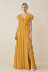 Cap Sleeve A-Line Ruffled Chiffon Bridesmaid Dress in Marigold - KissProm BRIDESMAID DRESSES