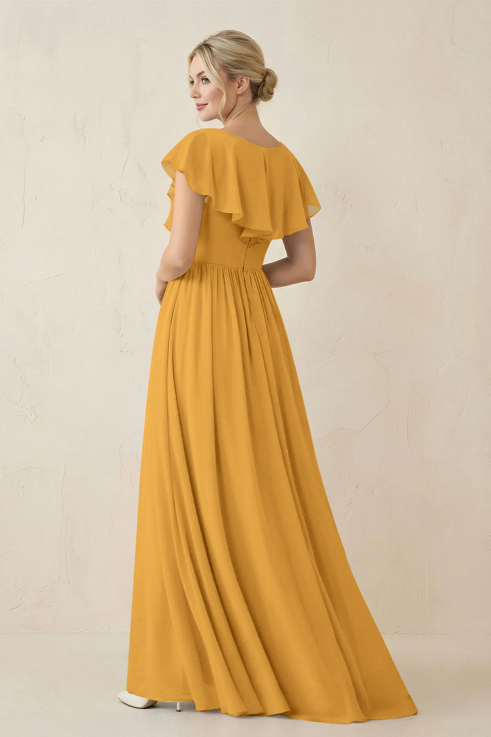 Cap Sleeve A-Line Ruffled Chiffon Bridesmaid Dress in Marigold - KissProm BRIDESMAID DRESSES