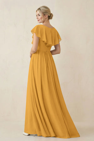 Cap Sleeve A-Line Ruffled Chiffon Bridesmaid Dress in Marigold - KissProm BRIDESMAID DRESSES