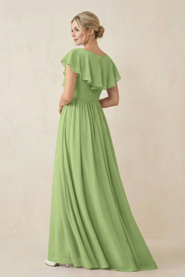 Cap Sleeve A-Line Ruffled Chiffon Bridesmaid Dress in Matcha - KissProm BRIDESMAID DRESSES