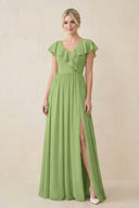 Cap Sleeve A-Line Ruffled Chiffon Bridesmaid Dress in Matcha - KissProm BRIDESMAID DRESSES
