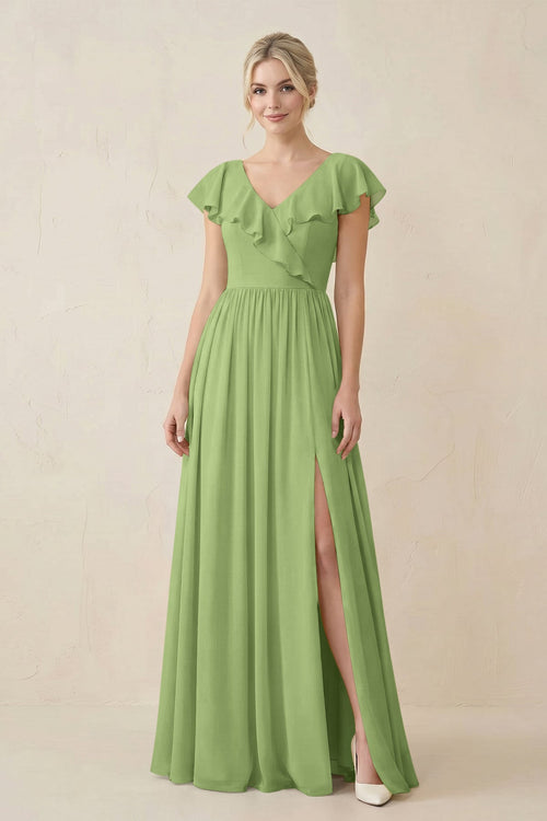Cap Sleeve A-Line Ruffled Chiffon Bridesmaid Dress in Matcha - KissProm BRIDESMAID DRESSES