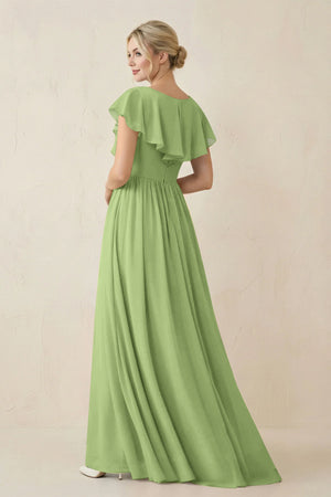 Cap Sleeve A-Line Ruffled Chiffon Bridesmaid Dress in Matcha - KissProm BRIDESMAID DRESSES