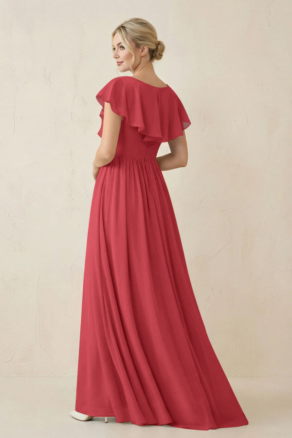 Cap Sleeve A-Line Ruffled Chiffon Bridesmaid Dress in Merlot - KissProm BRIDESMAID DRESSES