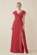 Cap Sleeve A-Line Ruffled Chiffon Bridesmaid Dress in Merlot - KissProm BRIDESMAID DRESSES