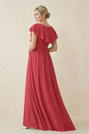 Cap Sleeve A-Line Ruffled Chiffon Bridesmaid Dress in Merlot - KissProm BRIDESMAID DRESSES