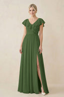 Cap Sleeve A-Line Ruffled Chiffon Bridesmaid Dress in Moss - KissProm BRIDESMAID DRESSES