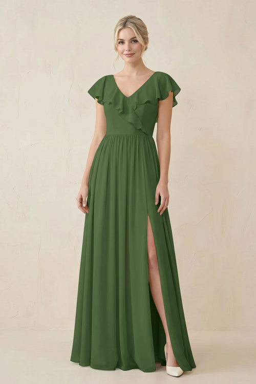 Cap Sleeve A-Line Ruffled Chiffon Bridesmaid Dress in Moss - KissProm BRIDESMAID DRESSES