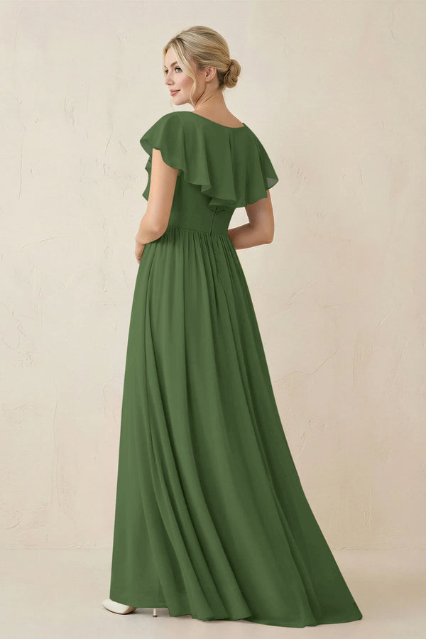 Cap Sleeve A-Line Ruffled Chiffon Bridesmaid Dress in Moss - KissProm BRIDESMAID DRESSES