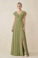 Cap Sleeve A-Line Ruffled Chiffon Bridesmaid Dress in Moss Green - KissProm BRIDESMAID DRESSES