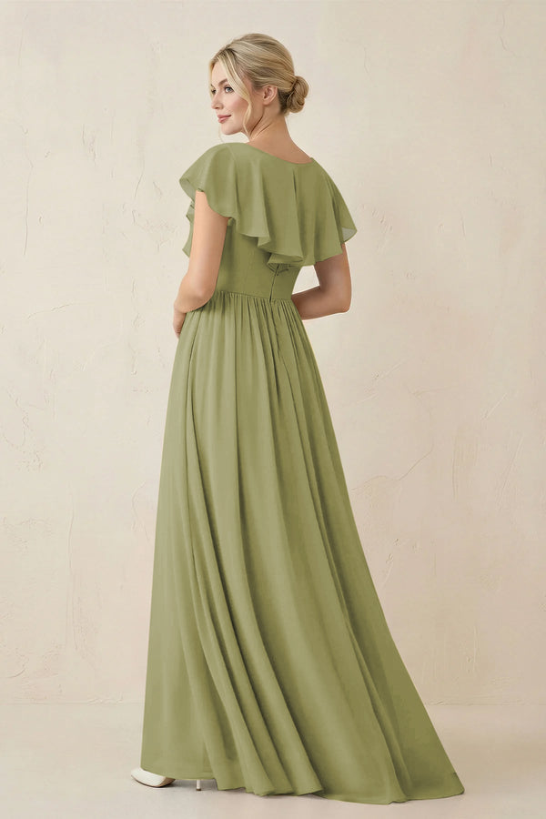 Cap Sleeve A-Line Ruffled Chiffon Bridesmaid Dress in Moss Green - KissProm BRIDESMAID DRESSES